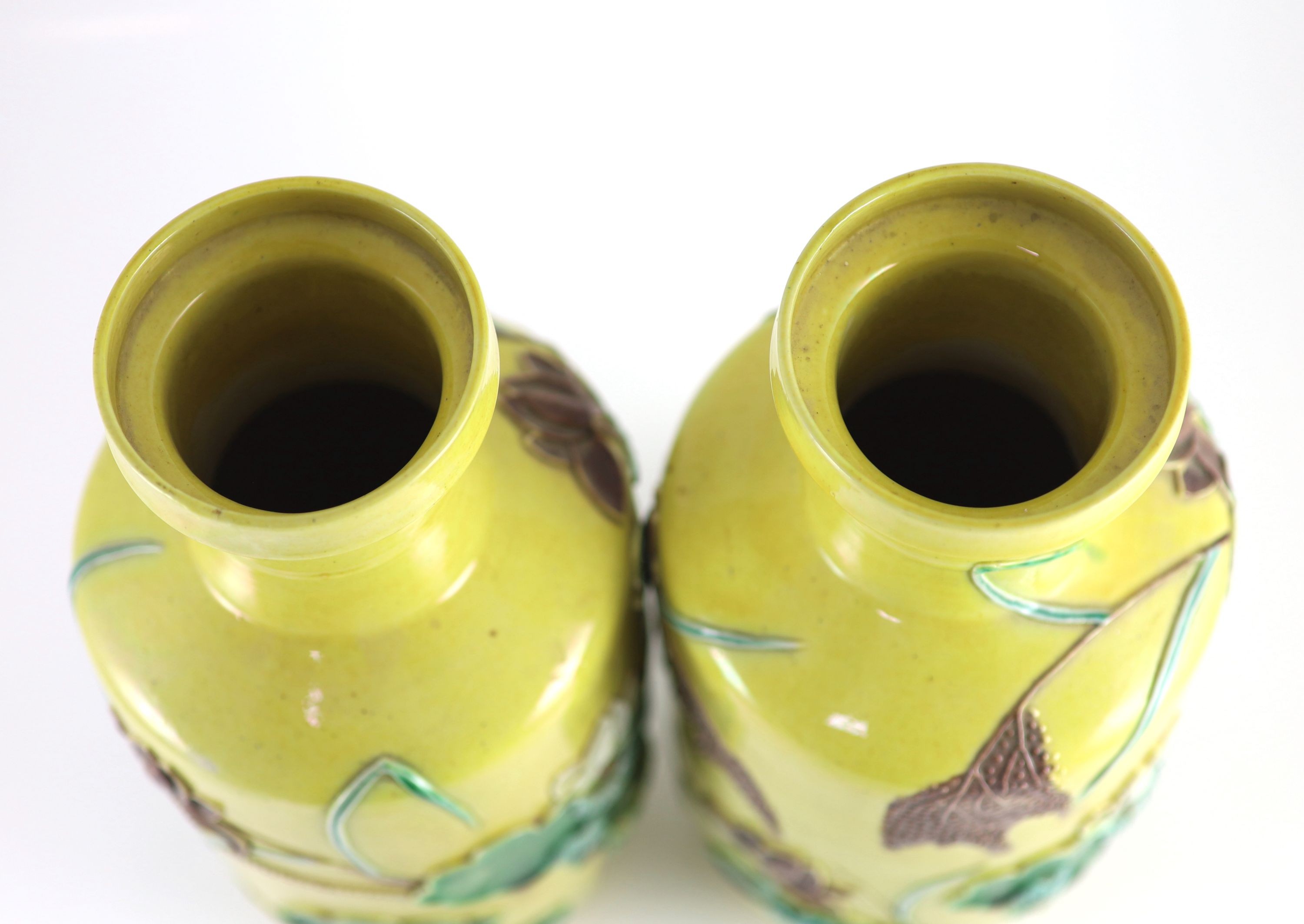 A pair of Chinese yellow ground ‘crane and lotus’ rouleau vases, Qianlong seal mark, early 20th century 34.5 cm high